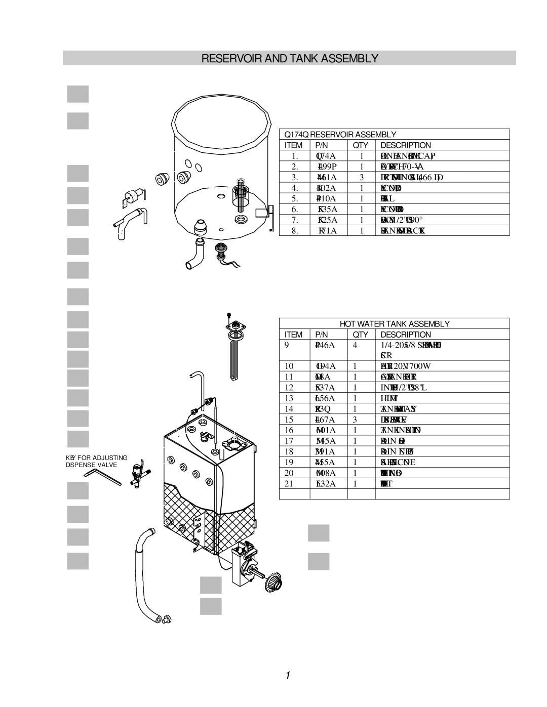 Cecilware GB3P, GB2P, GB1P, GB4P operation manual Reservoir and Tank Assembly, Q174Q Reservoir Assembly QTY Description 