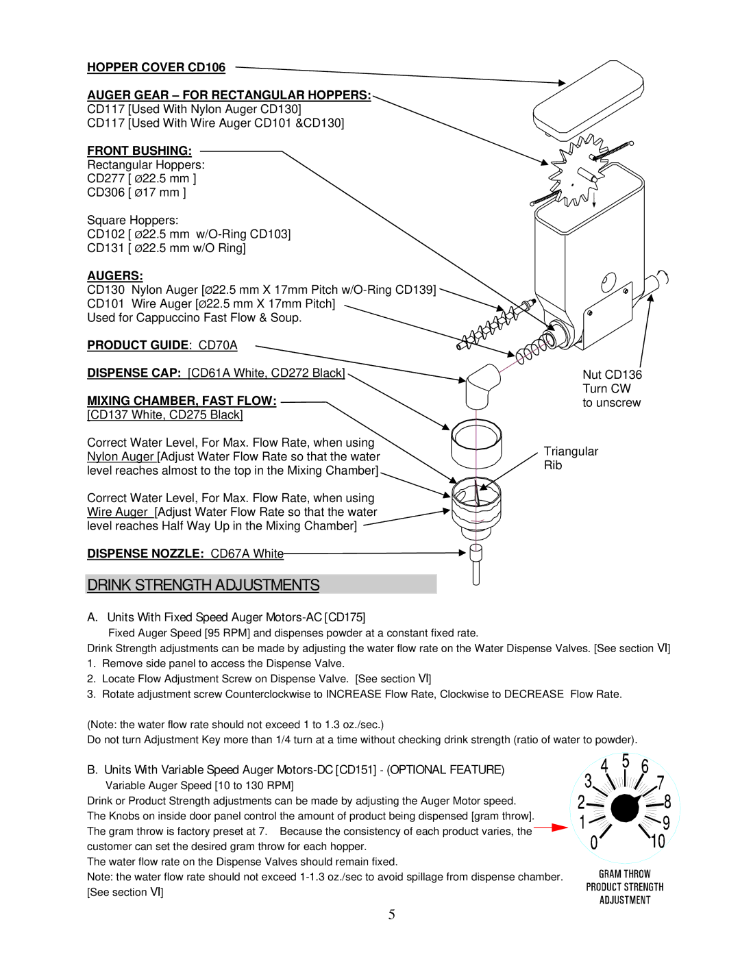 Cecilware GB1P, GB2P, GB4P, GB3P operation manual Drink Strength Adjustments, Units With Fixed Speed Auger Motors-AC CD175 