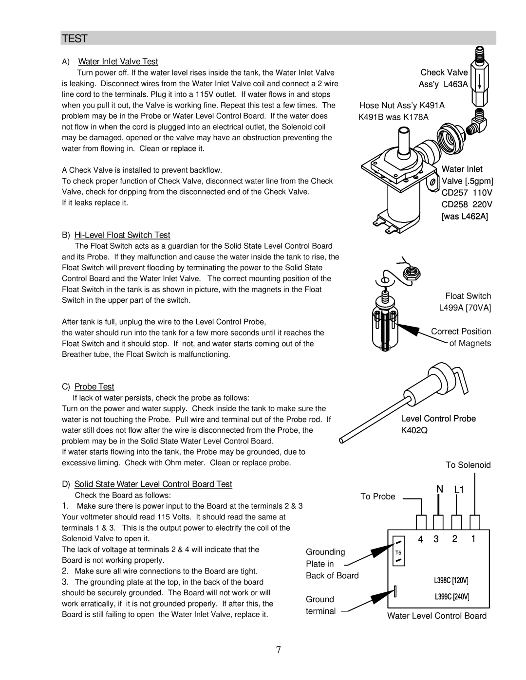 Cecilware GB3P, GB2P, GB1P, GB4P operation manual Water Inlet Valve Test, Hi-Level Float Switch Test, Probe Test 