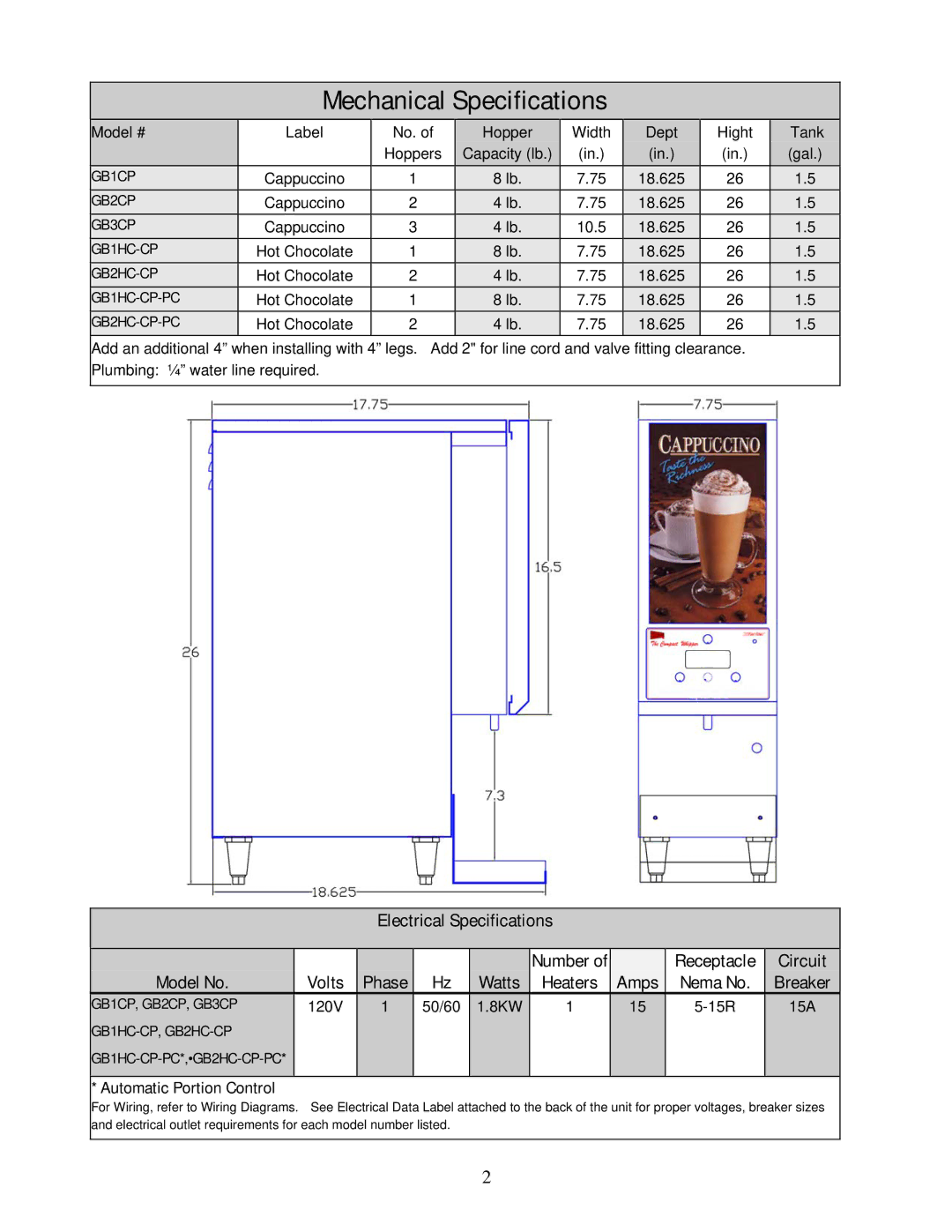 Cecilware GB3CP, GB1HC-CP-PC*, GB1CP, GB2-CP, GB2CP, GB2HC-CP-PC* manual Mechanical Specifications 