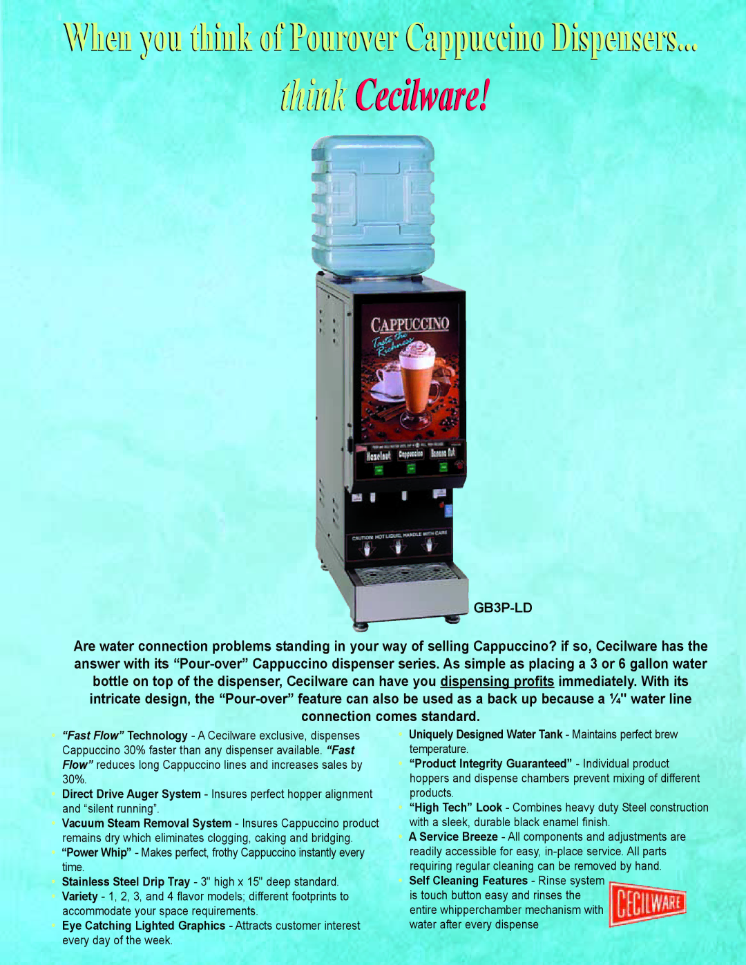 Cecilware GB3P-LD manual Think Cecilware 