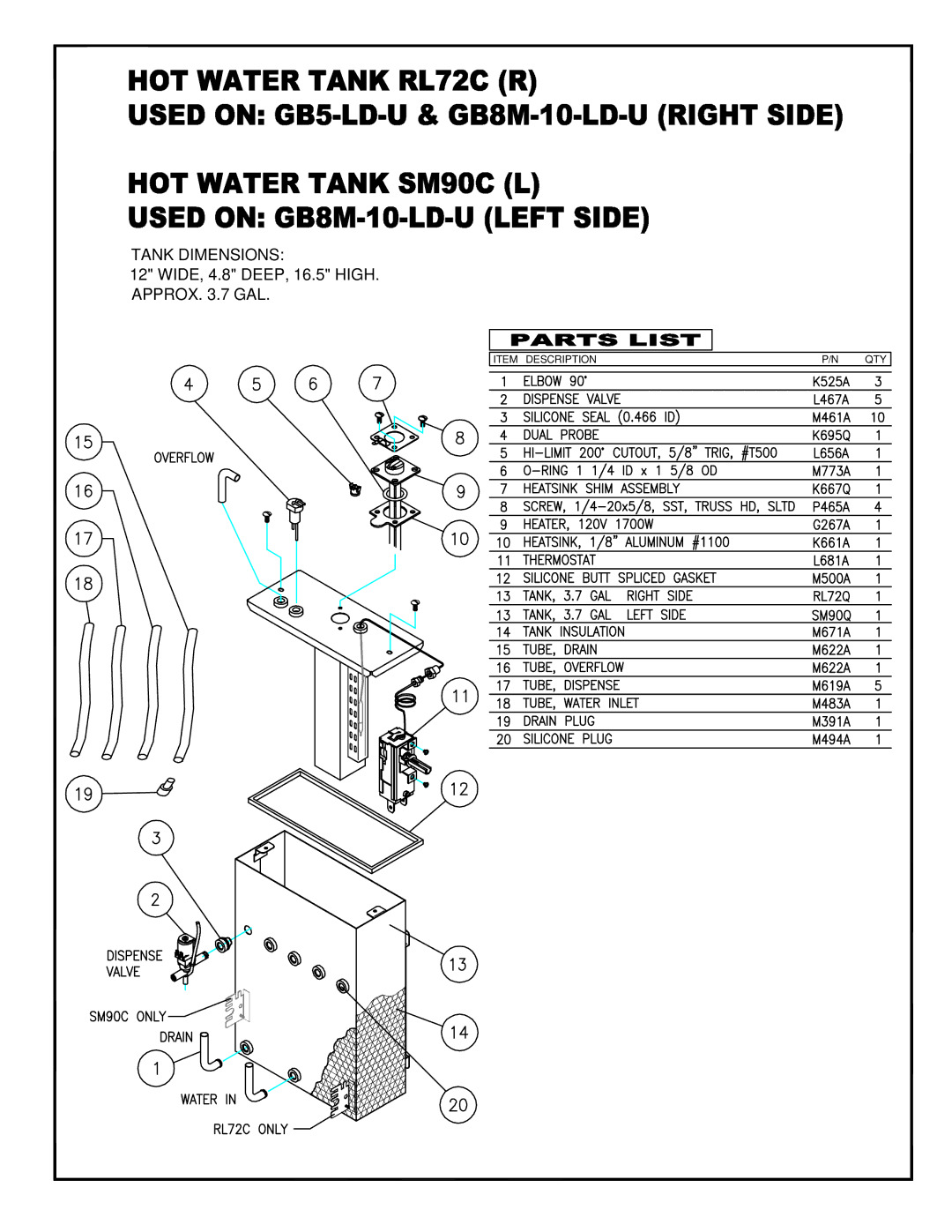 Cecilware GB8M-10-LD-U, GB6M-10-LD-U, GB5-LD-U, GB4M-5.5-LD-U operation manual Tank Dimensions 