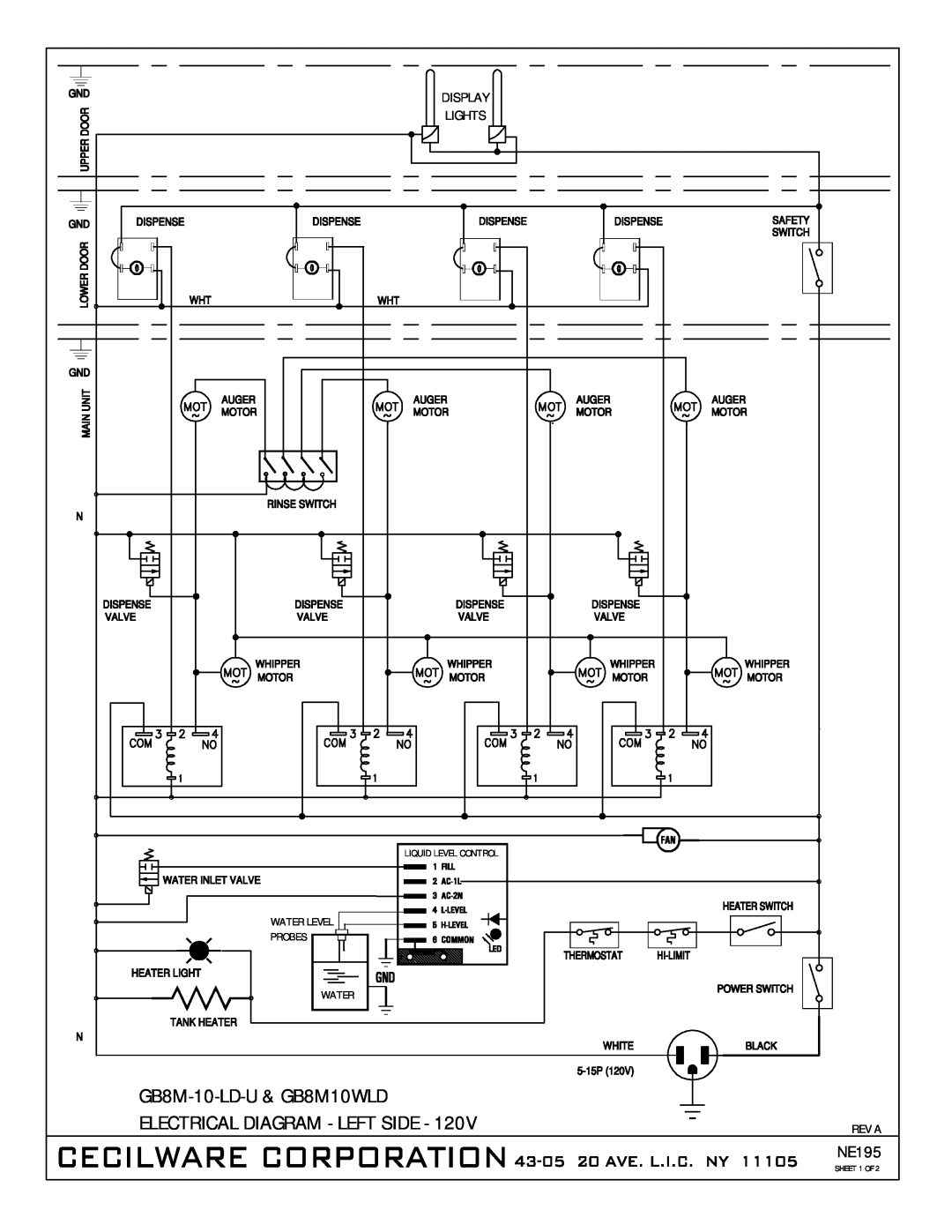 Cecilware GB6M-10-LD-U GB8M-10-LD-U& GB8M10WLD, Electrical Diagram - Left Side, Display, Lights, NE195, SHEET 1 OF 