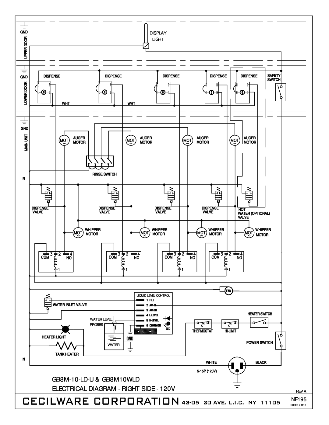 Cecilware GB5-LD-U Electrical Diagram - Right Side, GB8M-10-LD-U& GB8M10WLD, Display, Light, NE195, Liquid Level Control 