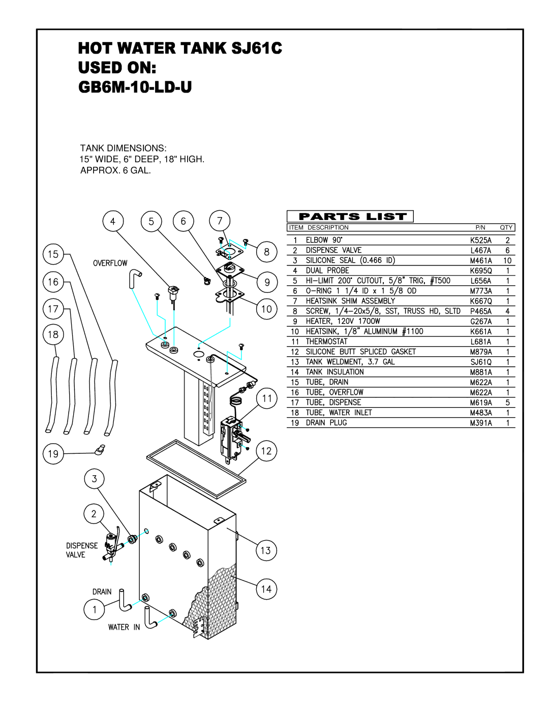 Cecilware GB5MV-10-LD, GB6MP-10-LD-U, GB8MP-10-LD-U operation manual Tank Dimensions 