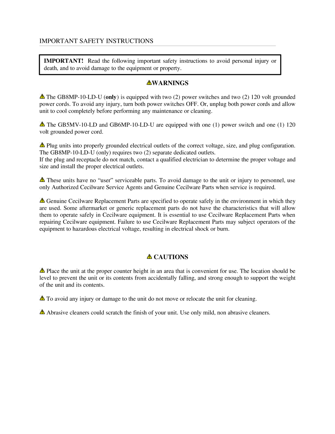 Cecilware GB8MP-10-LD-U, GB6MP-10-LD-U, GB5MV-10-LD operation manual Important Safety Instructions 