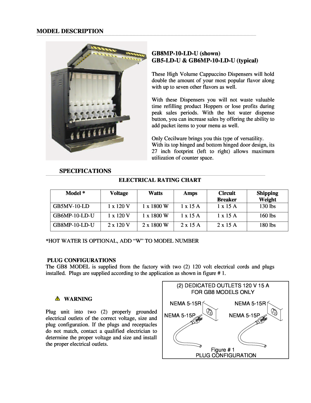 Cecilware GB5MV-10-LD MODEL DESCRIPTION GB8MP-10-LD-Ushown, GB5-LD-U& GB6MP-10-LD-Utypical, Specifications, Model, Voltage 