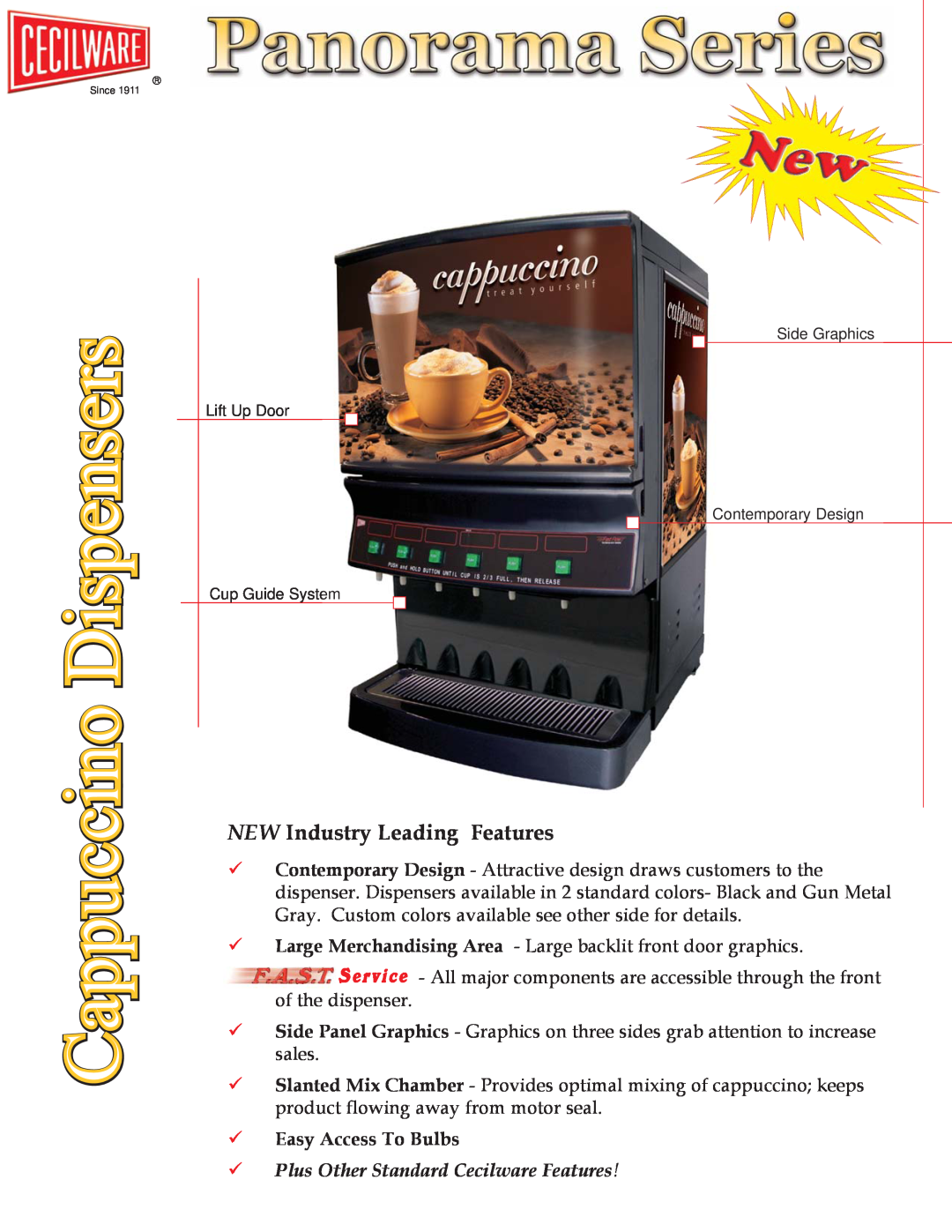 Cecilware GB6MP-10LD-U 6 manual 9Plus Other Standard Cecilware Features, Dispensers, Cappuccino, 9Easy Access To Bulbs 