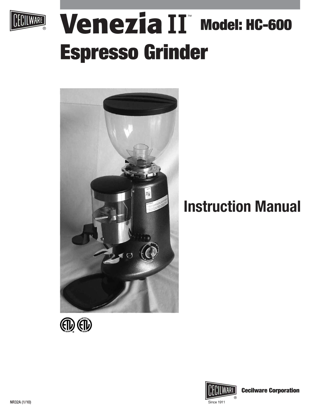 Cecilware HC-600 instruction manual Espresso Grinder, Cecilware Corporation 