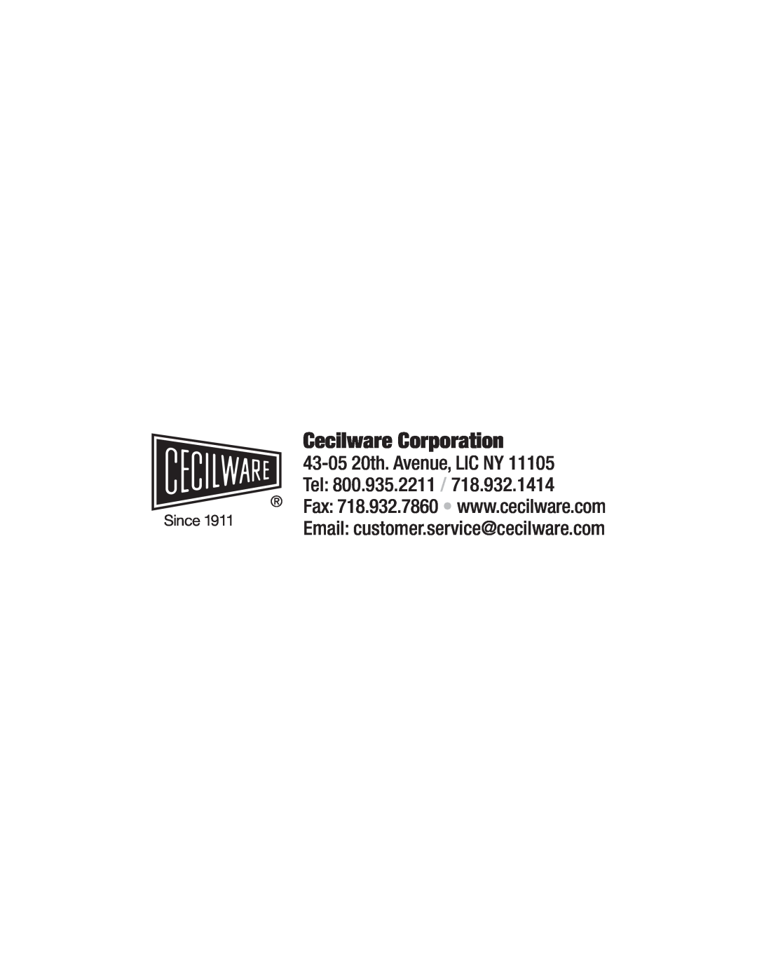 Cecilware HC-600 instruction manual Since, Cecilware Corporation, 43-0520th. Avenue, LIC NY Tel 