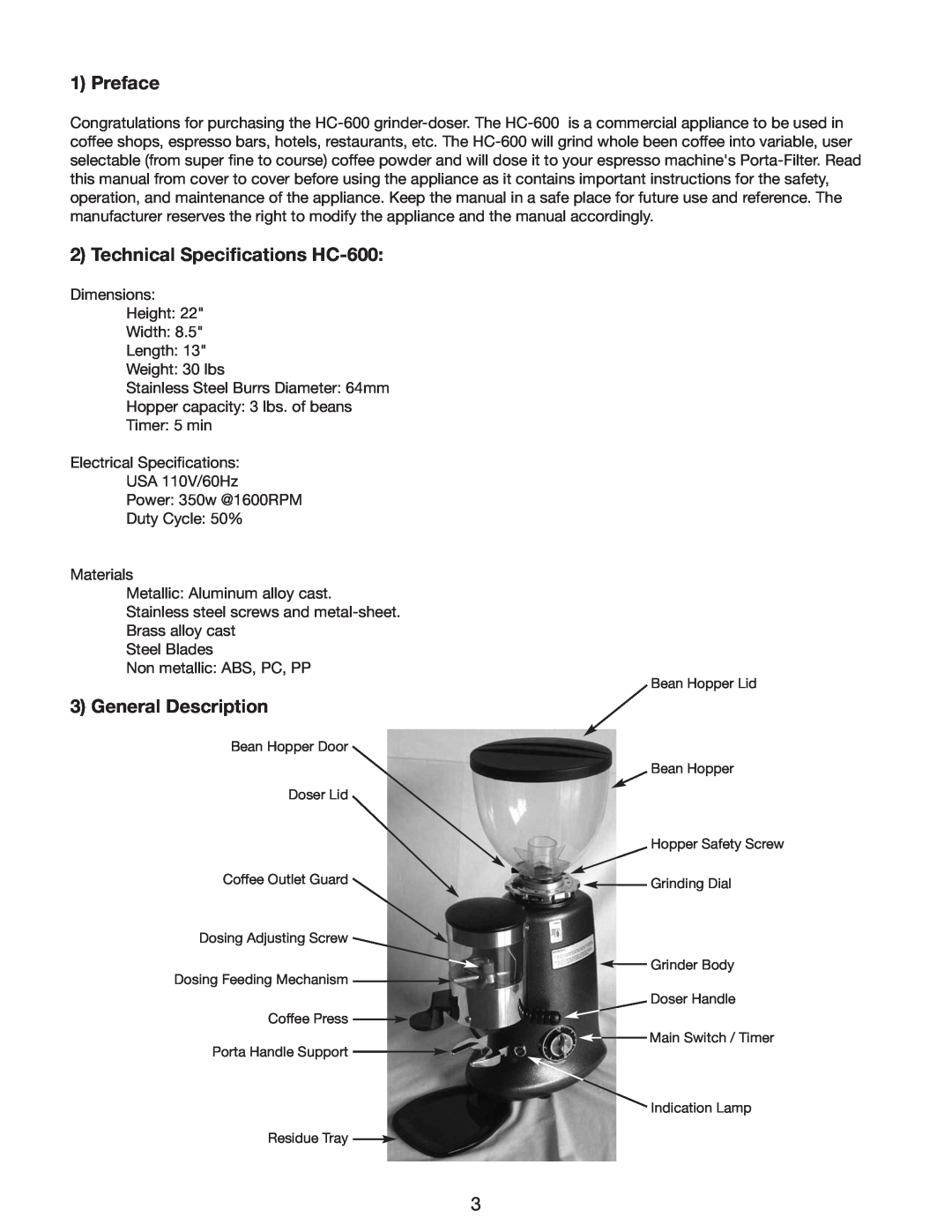 Cecilware instruction manual Preface, Technical Speciﬁcations HC-600, General Description 