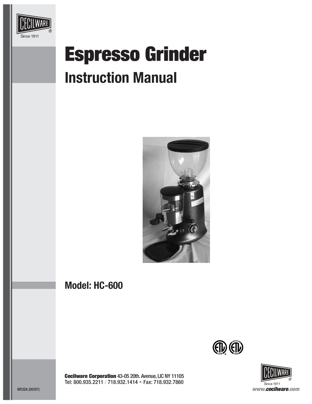 Cecilware HC600 instruction manual Espresso Grinder 