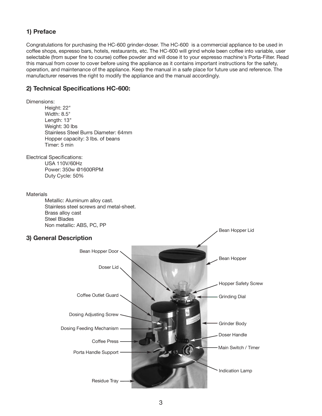 Cecilware HC600 instruction manual Preface, Technical Speciﬁcations HC-600, General Description 