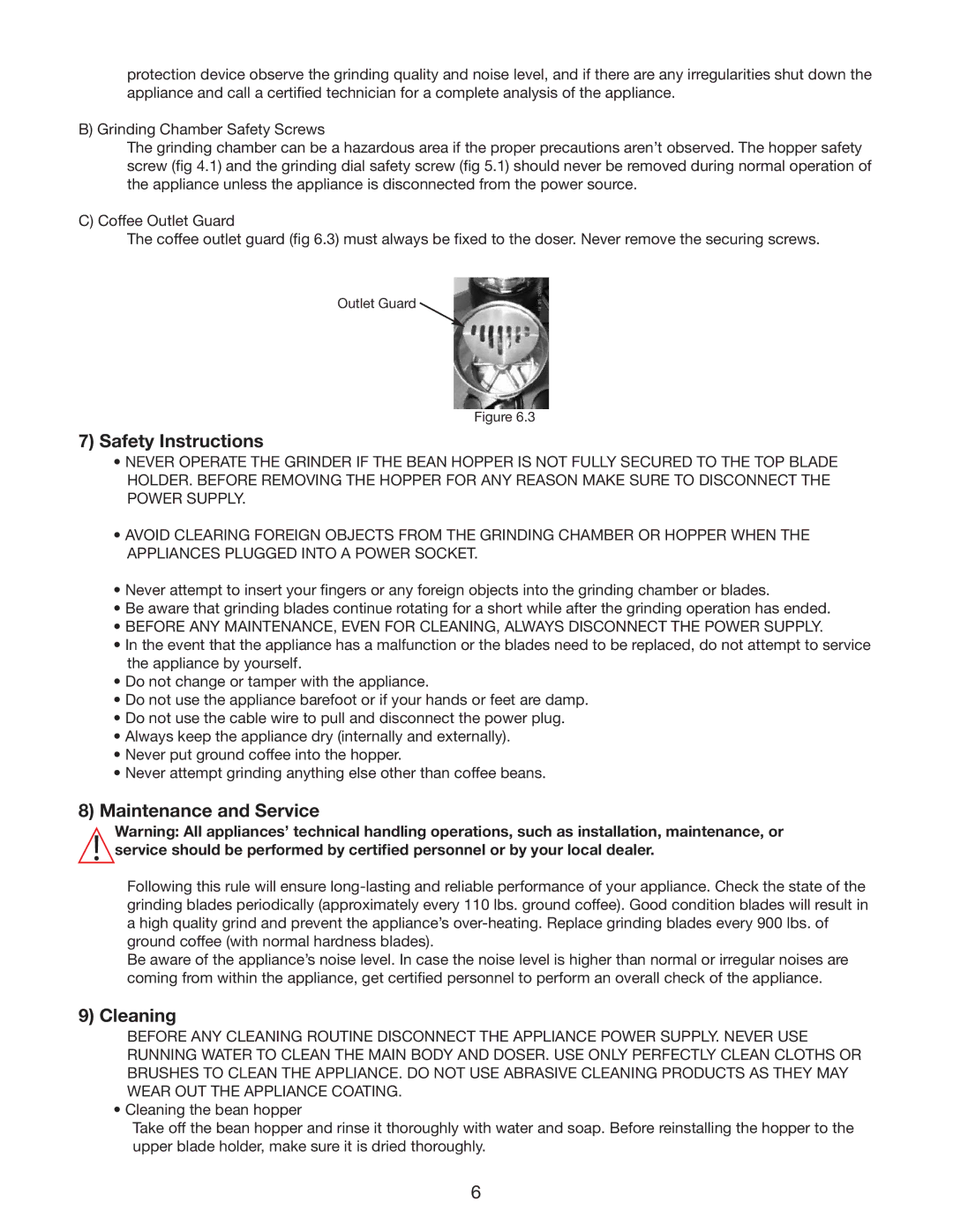 Cecilware HC600 instruction manual Safety Instructions, Maintenance and Service, Cleaning 