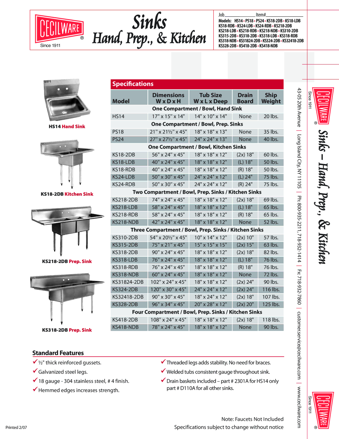 Cecilware HS14 dimensions KS18-LDB, KS18-RDB, KS24-LDB, KS24-RDB, KS218-LDB, KS218-RDB, KS218-NDB, KS318-LDB, KS318-RDB 