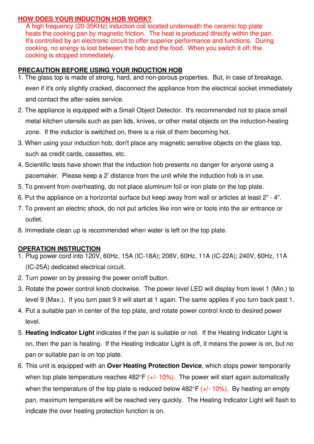 Cecilware IC-22A, IC-18A, IC-25A operation manual Precaution Before Using Your Induction HOB, Operation Instruction 