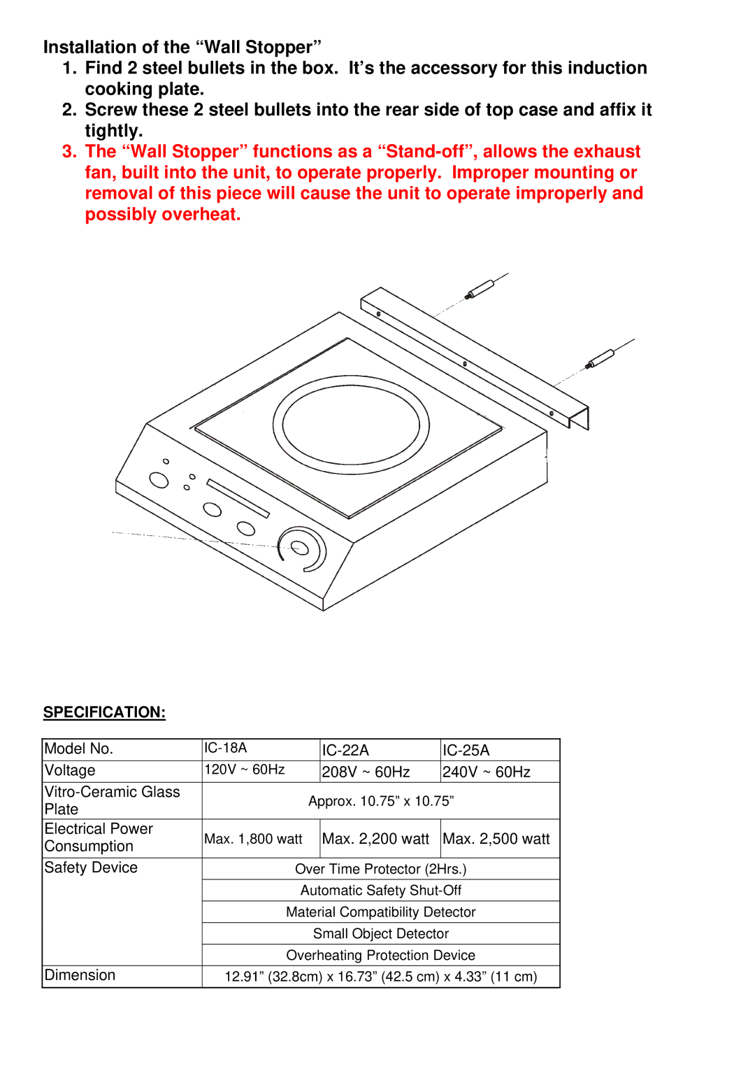 Cecilware IC-22A, IC-18A, IC-25A operation manual Specification, Max ,200 watt Max ,500 watt Consumption Safety Device 