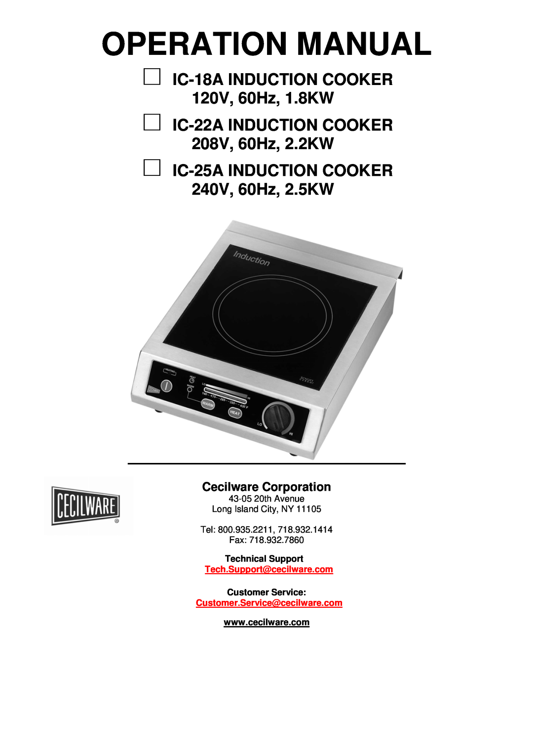 Cecilware IC-22A operation manual Operation Manual, IC-18AINDUCTION COOKER 120V, 60Hz, 1.8KW, Cecilware Corporation 