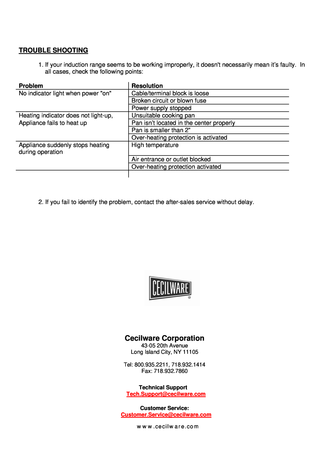 Cecilware IC-25A, IC-18A, IC-22A operation manual Cecilware Corporation, Trouble Shooting, Problem, Resolution 