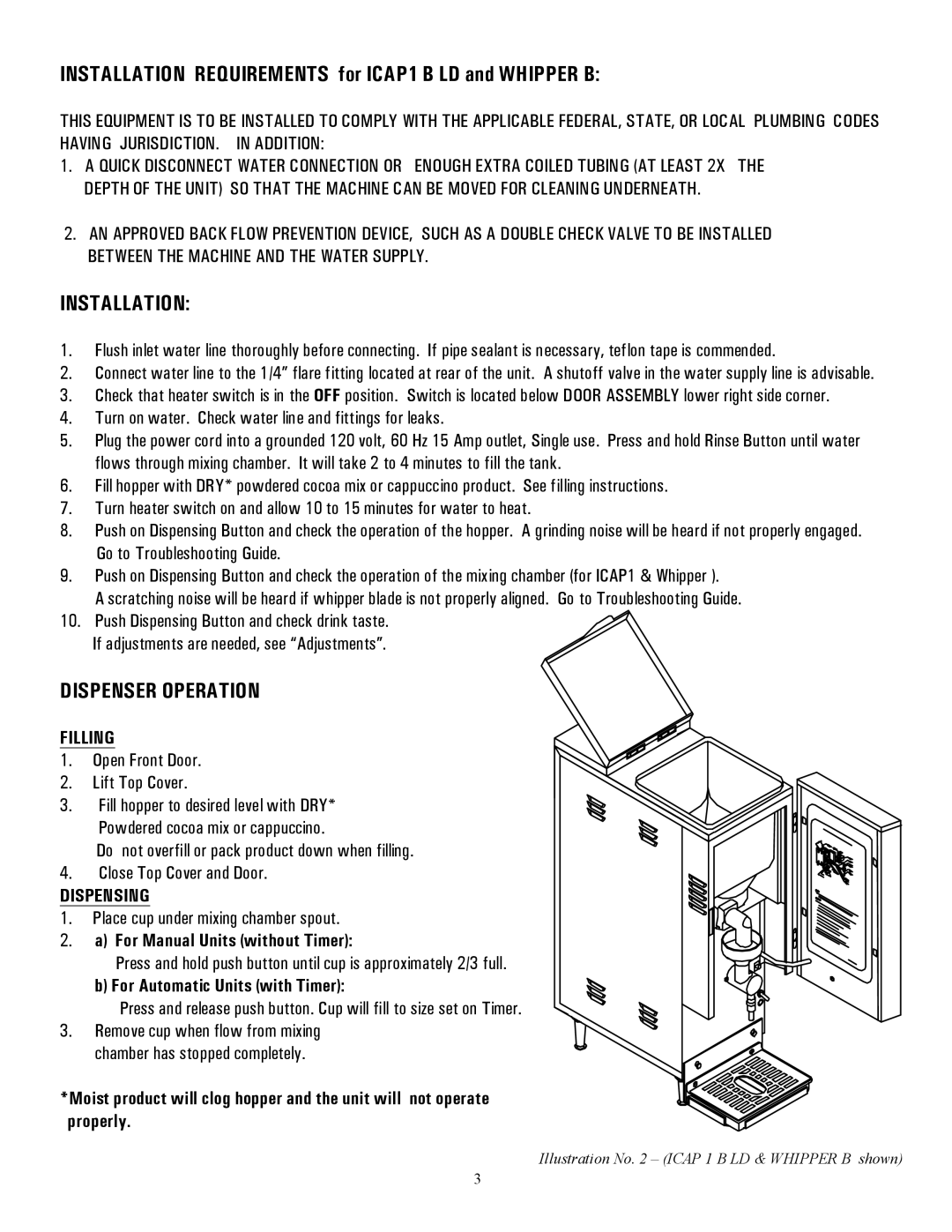 Cecilware WHIPPER MINI, ICAP-MINI, ICAP1-P specifications Installation, Dispenser Operation, Filling, Dispensing 