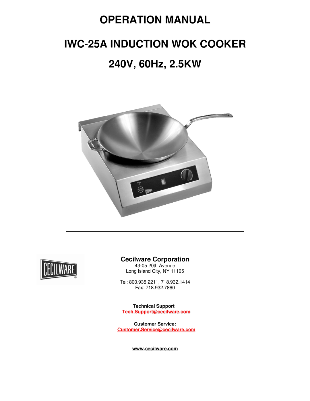 Cecilware operation manual IWC-25A Induction WOK Cooker 