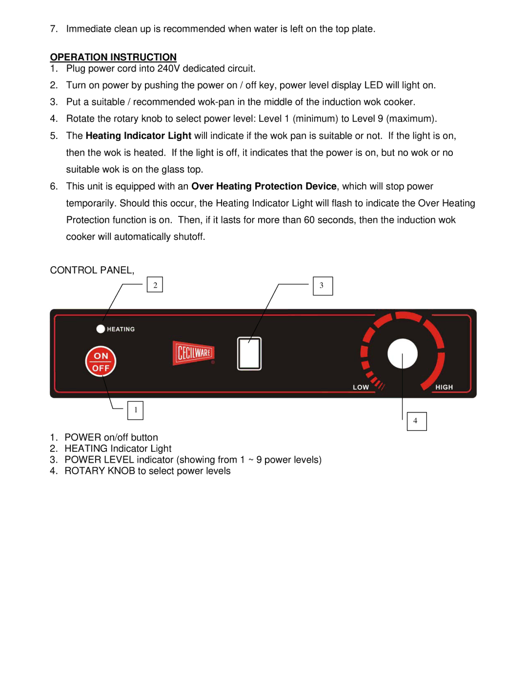 Cecilware IWC-25A operation manual Operation Instruction, Control Panel 