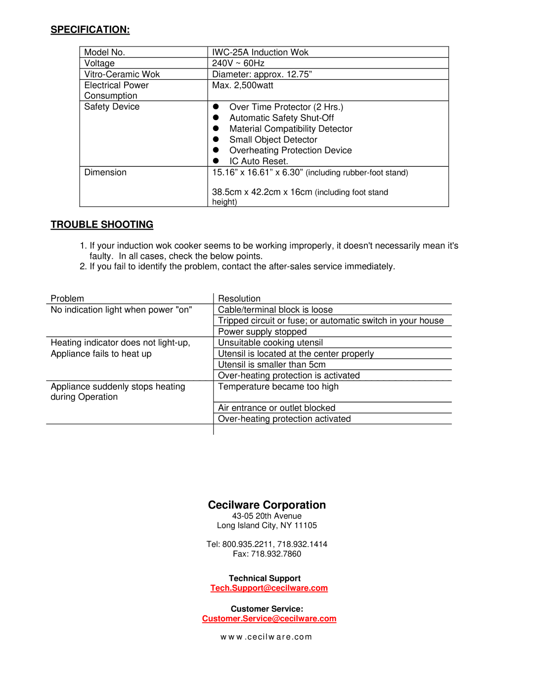 Cecilware IWC-25A operation manual Specification, Trouble Shooting 