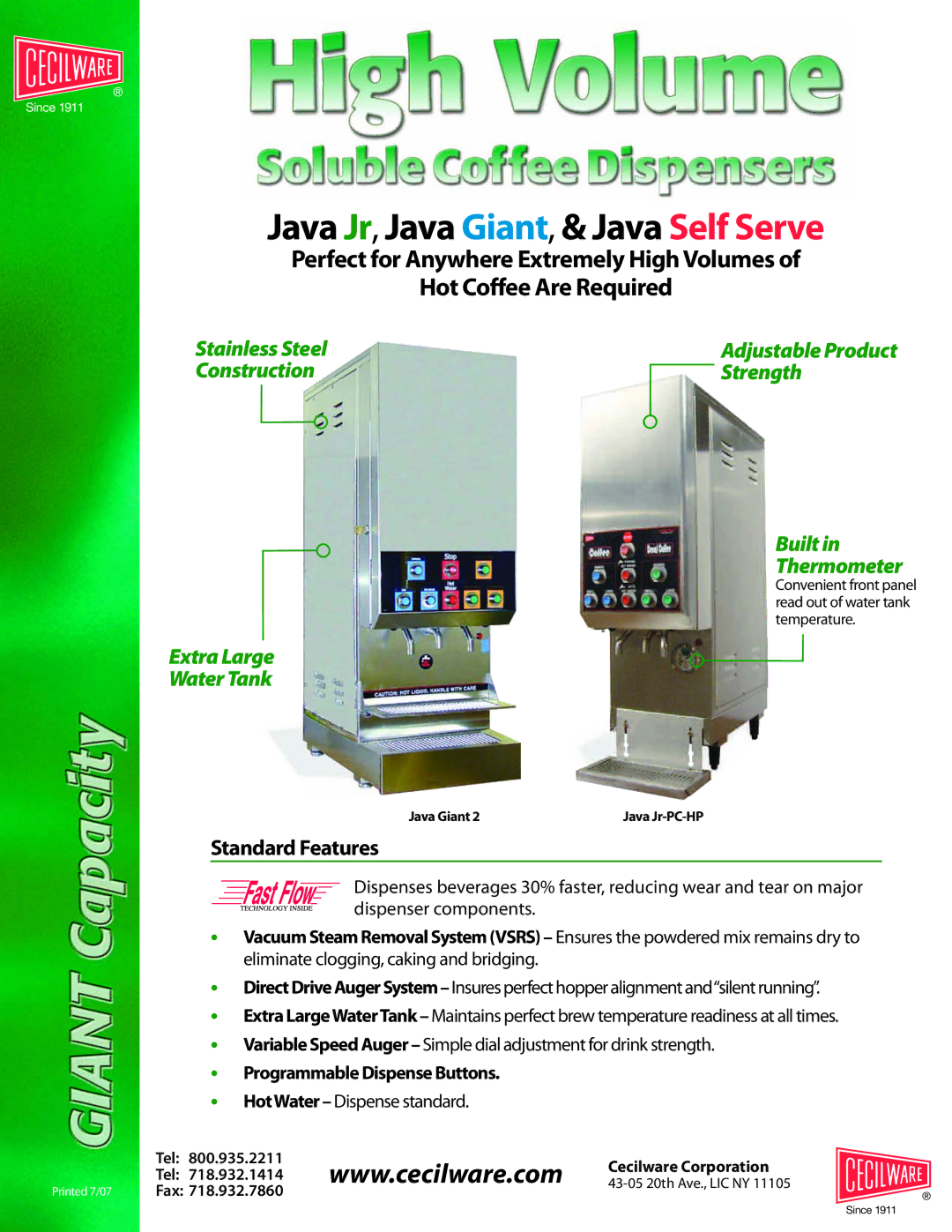 Cecilware manual Java Jr, Java Giant, & Java Self Serve, Standard Features 