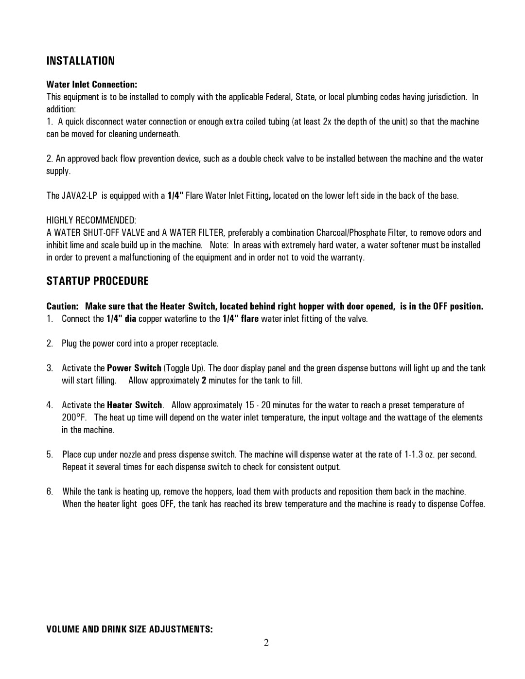 Cecilware JAVA2-LP specifications Installation 