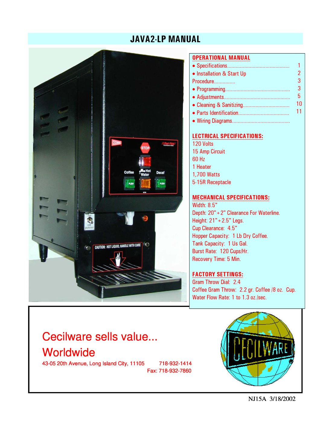 Cecilware specifications Cecilware sells value Worldwide, JAVA2-LP MANUAL, Operational Manual, Lectrical Specifications 
