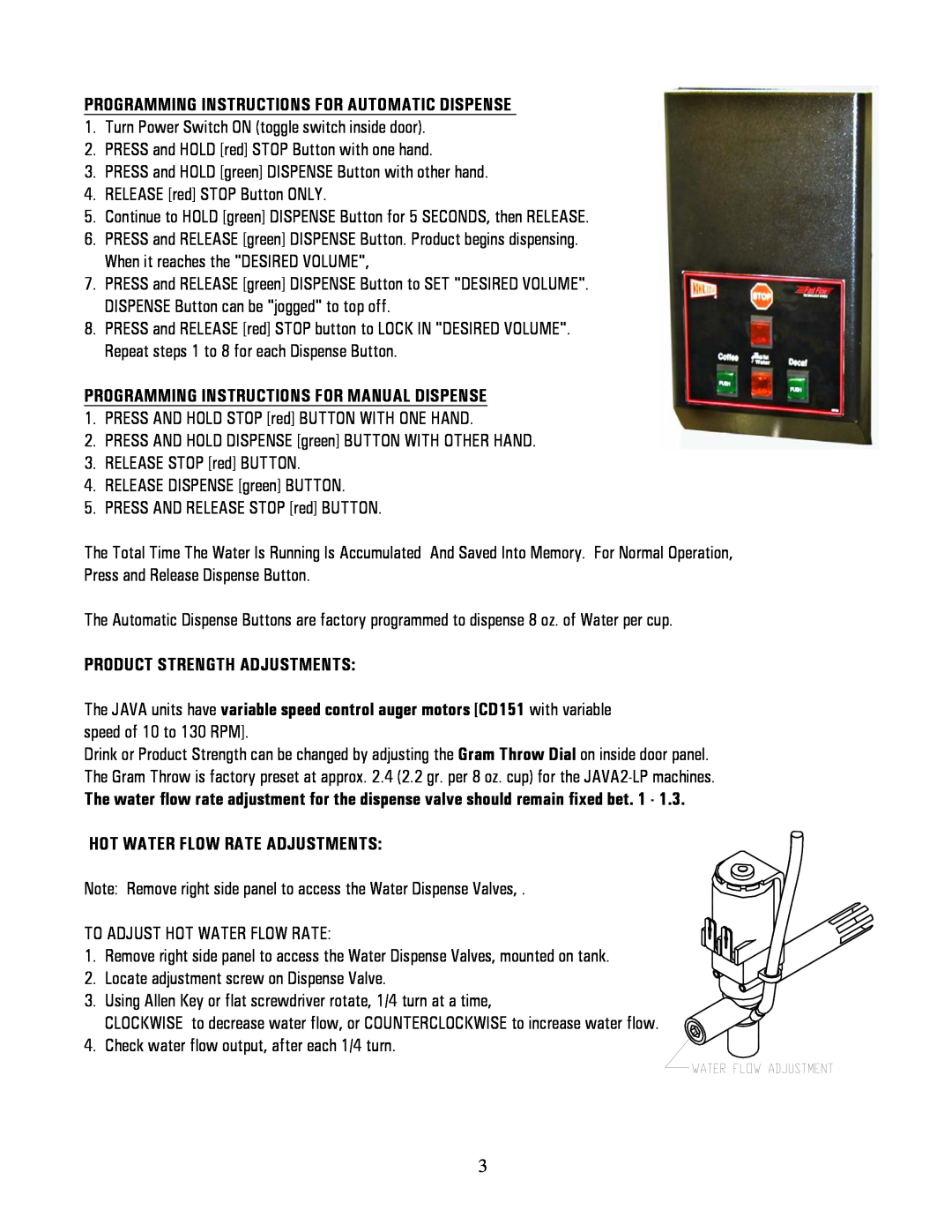 Cecilware JAVA2-LP Programming Instructions For Automatic Dispense, Programming Instructions For Manual Dispense 