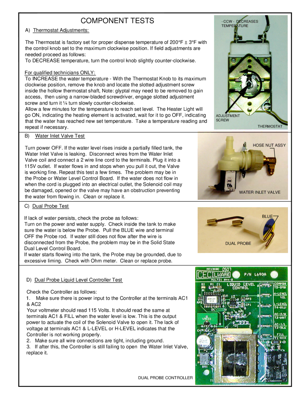 Cecilware ME10-GN, ME15-GN operation manual Component Tests 