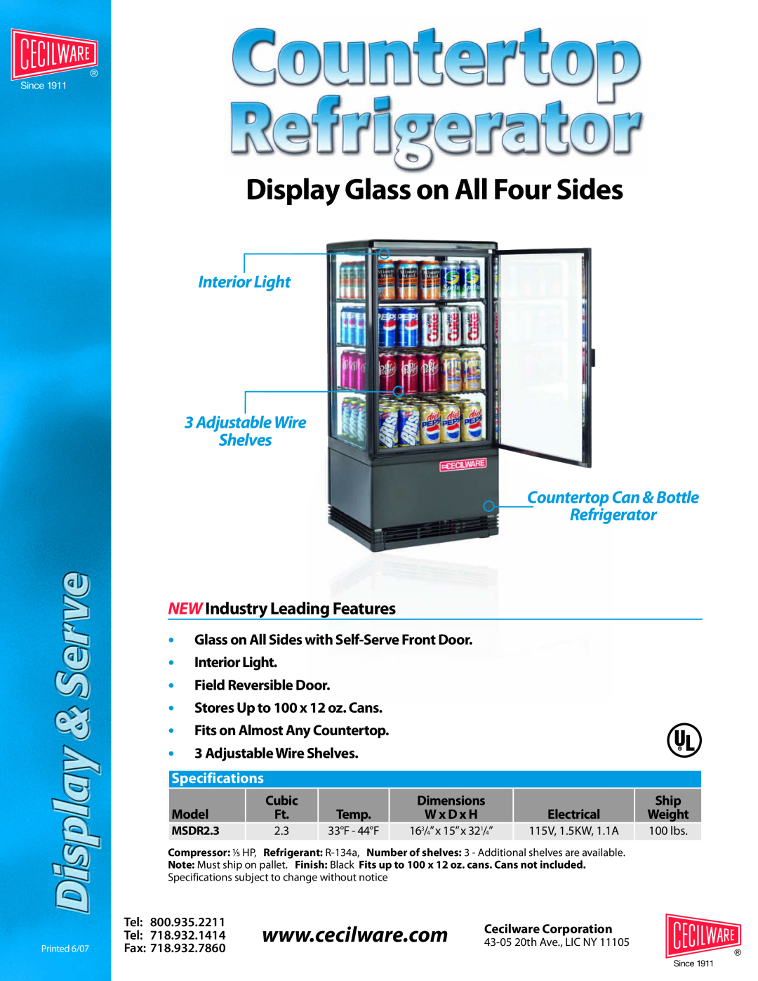 Cecilware MSDR2.3 specifications Display Glass on All Four Sides, Interior Light 3AdjustableWire Shelves, Specifications 