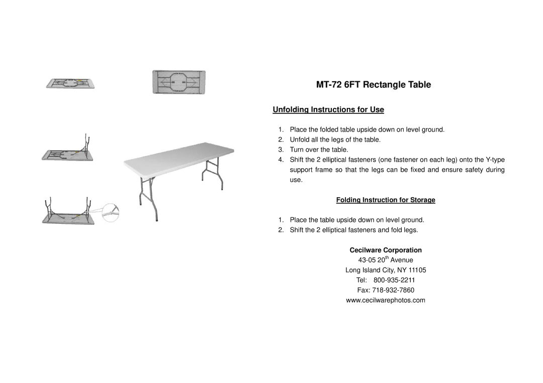 Cecilware manual MT-72 6FT Rectangle Table, Unfolding Instructions for Use, Folding Instruction for Storage 