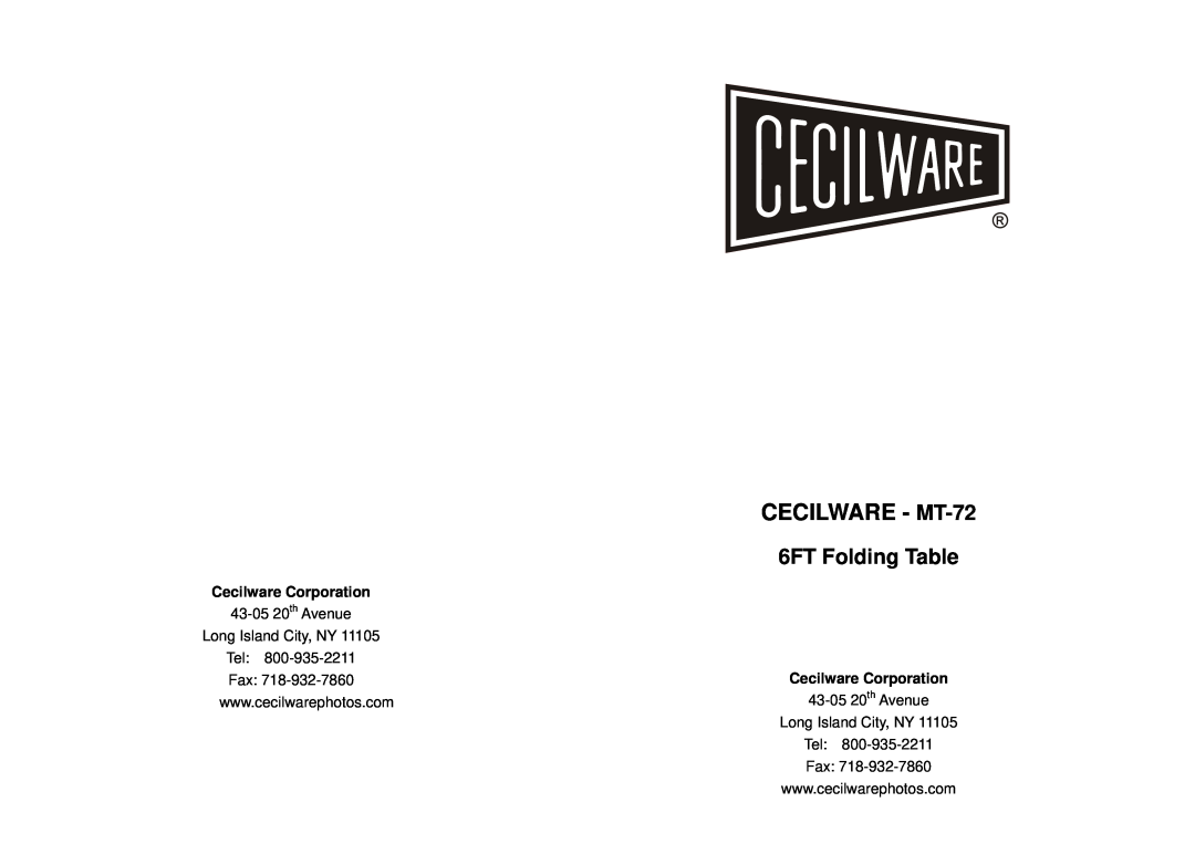 Cecilware manual 6FT Folding Table, CECILWARE - MT-72, Cecilware Corporation, 43-0520th Avenue, Long Island City, NY 