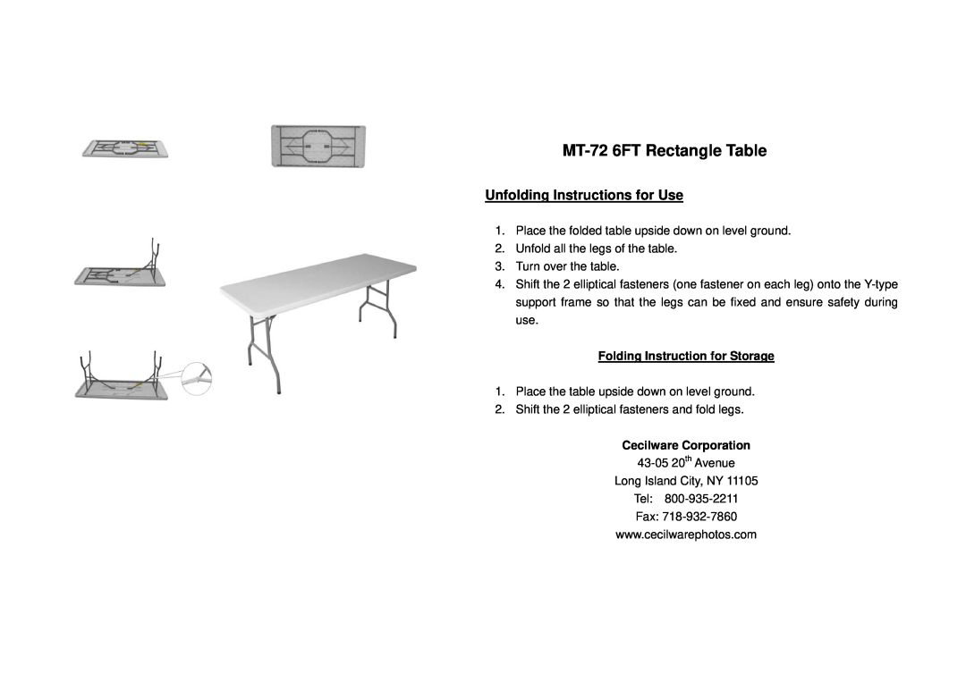 Cecilware manual MT-726FT Rectangle Table, Unfolding Instructions for Use, Folding Instruction for Storage 