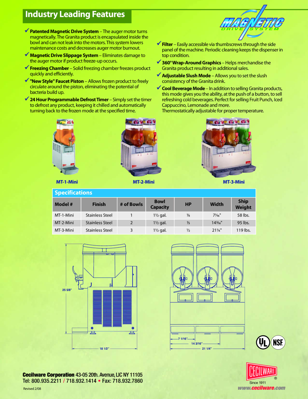 Cecilware MT Mini manual Industry Leading Features, Specifications, Magnetic Drive Slippage System Eliminates damage to 