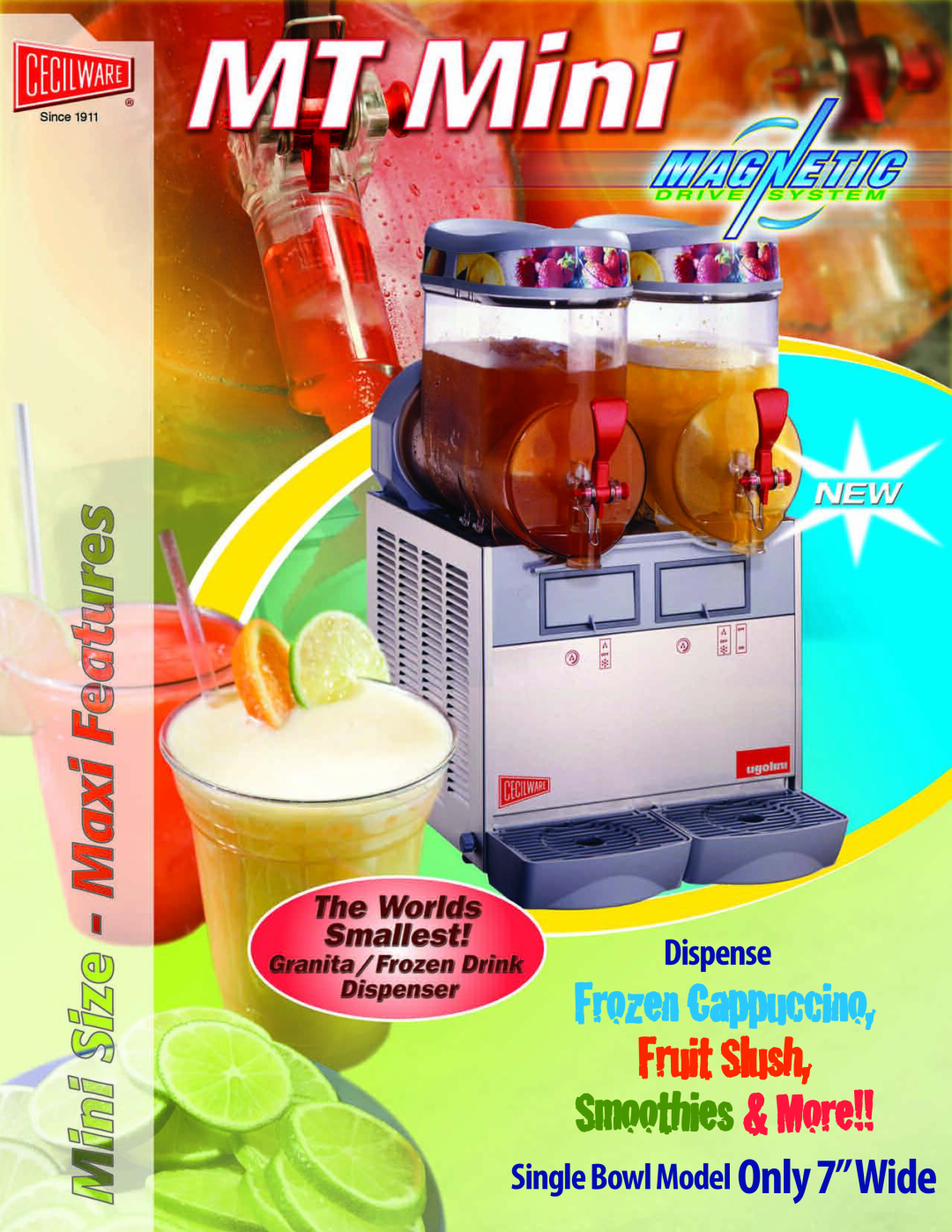 Cecilware MT Mini manual Fruit Slush, Frozen Cappuccino, Smoothies & More, Dispense, Single Bowl Model Only 7”Wide 
