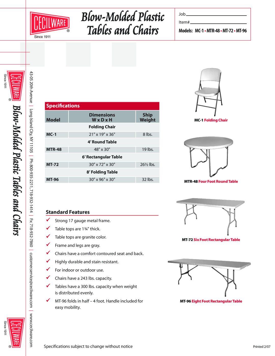 Cecilware specifications Blow-Molded Plastic, Tables and Chairs, Standard Features, Models MC-1 MTR-48MT-72MT-96 