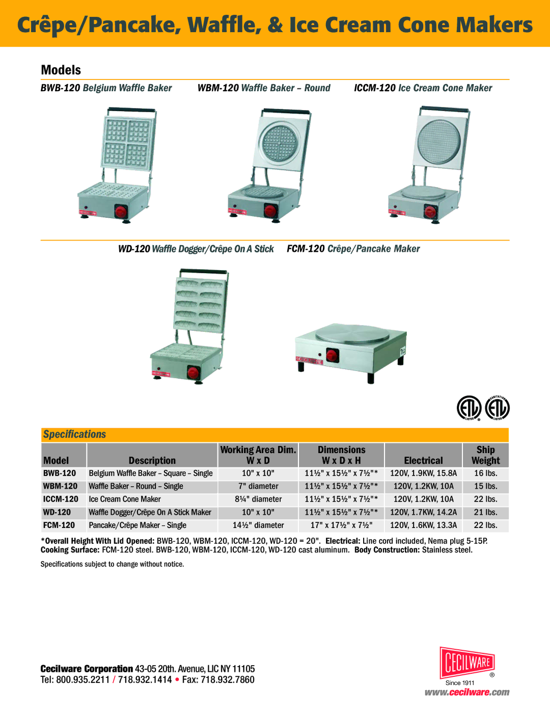 Cecilware NQ96A specifications Crêpe/Pancake, Waffle, & Ice Cream Cone Makers, Models, Speci%cations, Electrical 