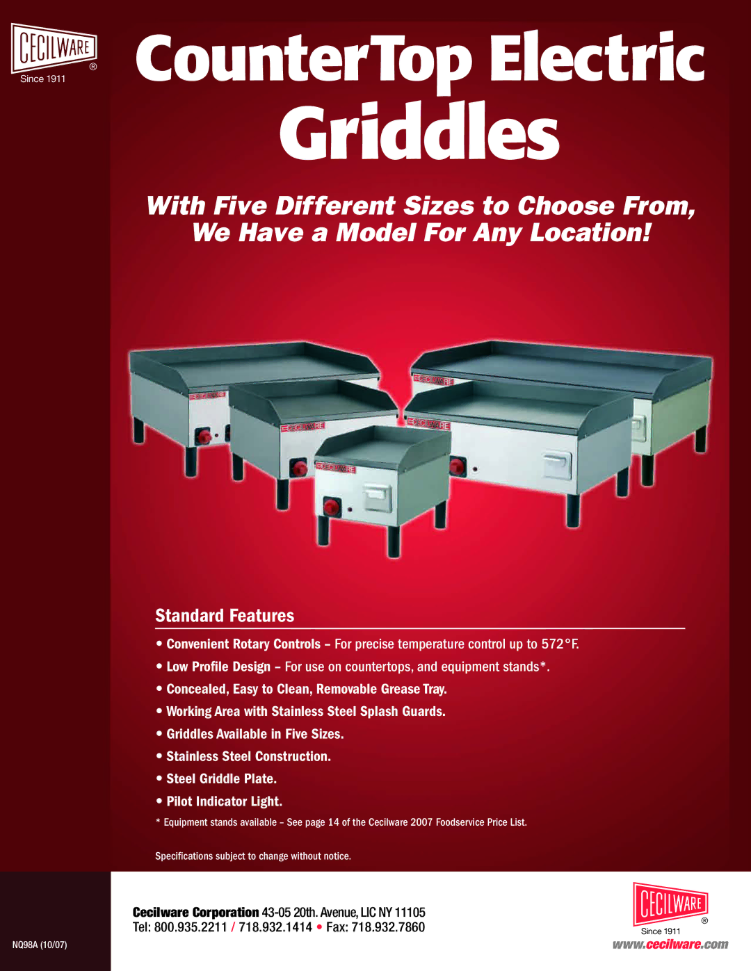 Cecilware NQ98A specifications Griddles, Standard Features 