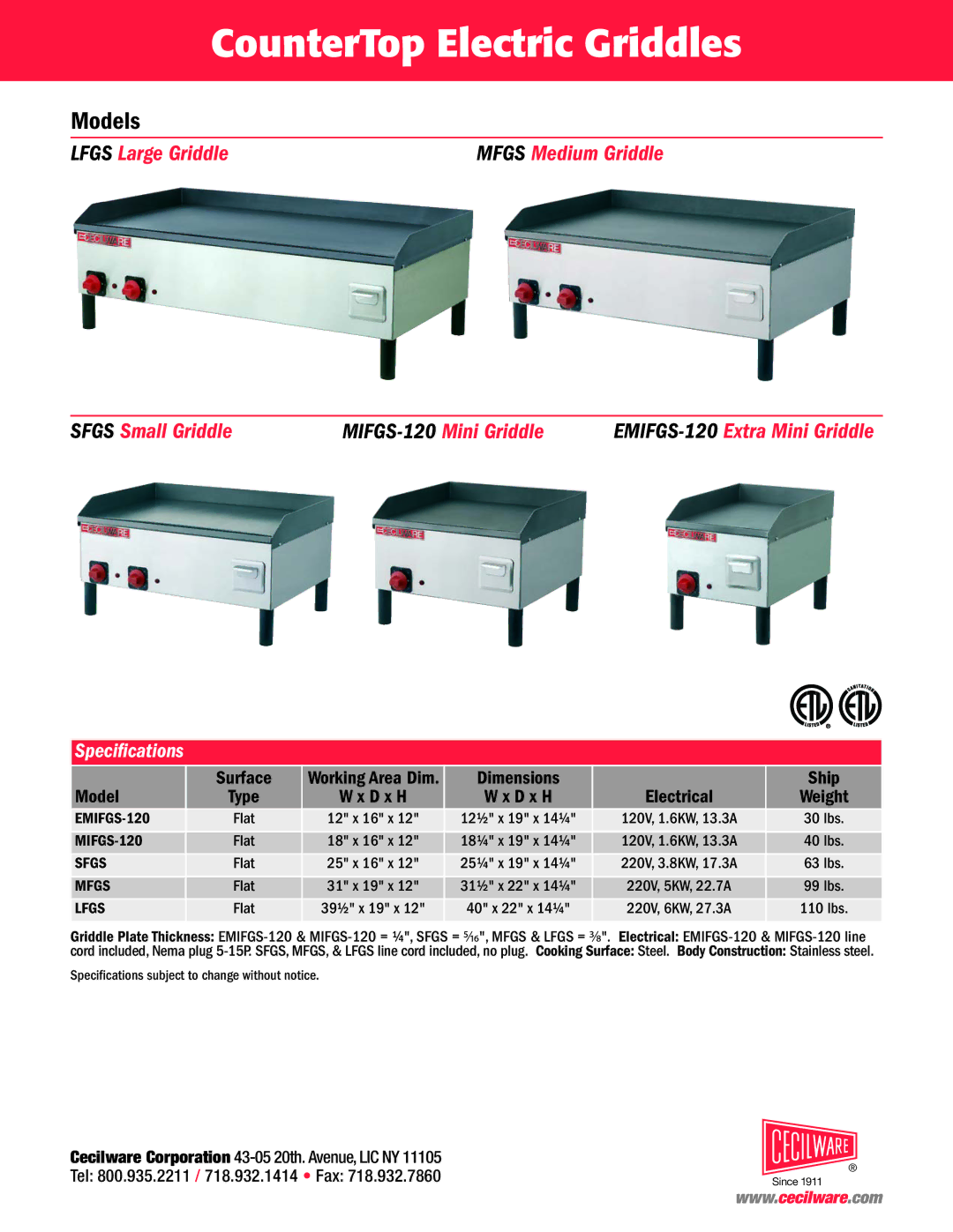 Cecilware NQ98A CounterTop Electric Griddles, Models, Lfgs Large Griddle, Sfgs Small Griddle MIFGS-120Mini Griddle 