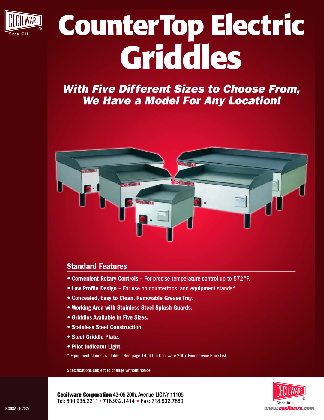 Cecilware NQ98A specifications Griddles, Since 1911 CounterTop Electric, With Five Different Sizes to Choose From 