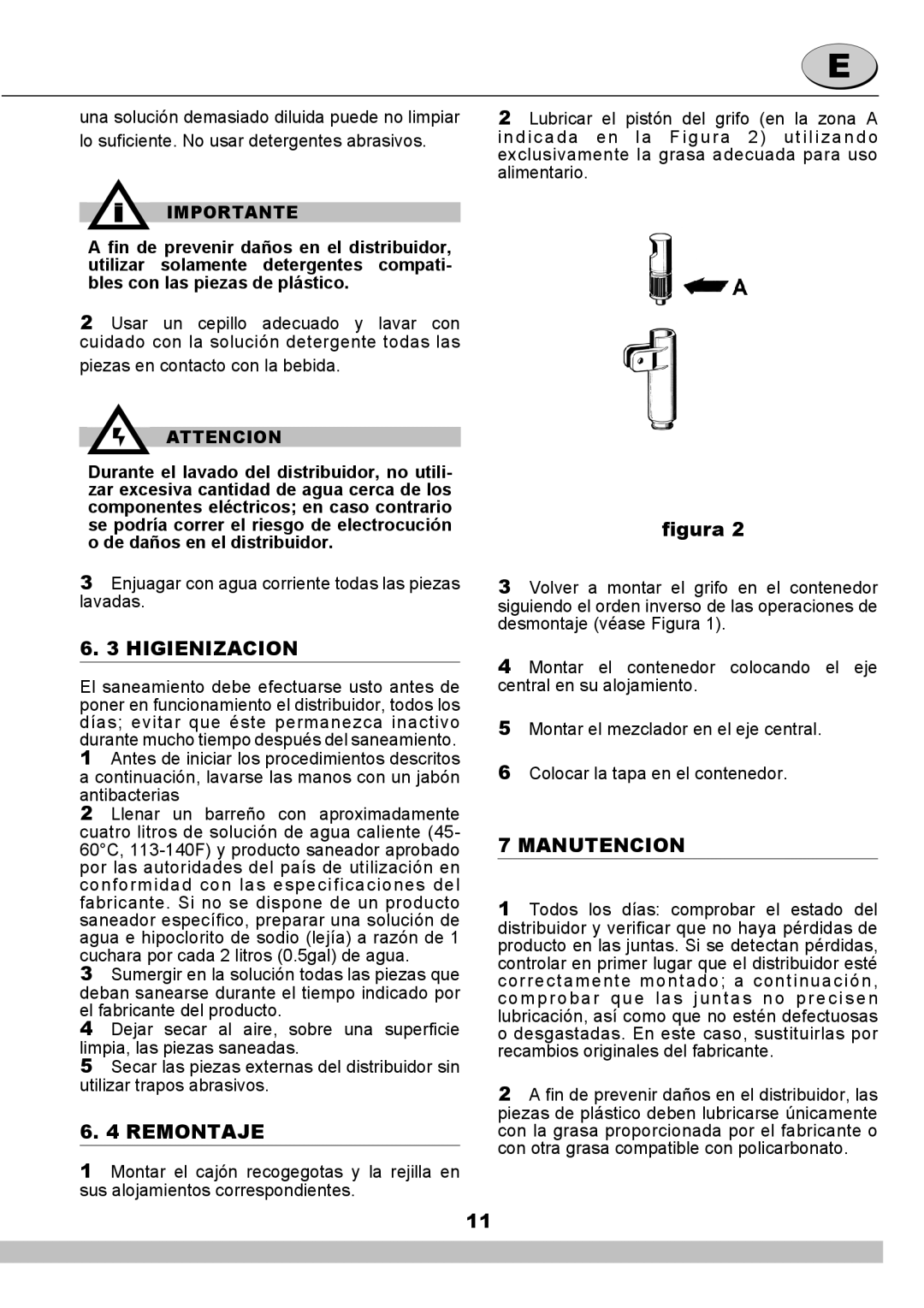 Cecilware NS18A manual Higienizacion, Remontaje, Manutencion 