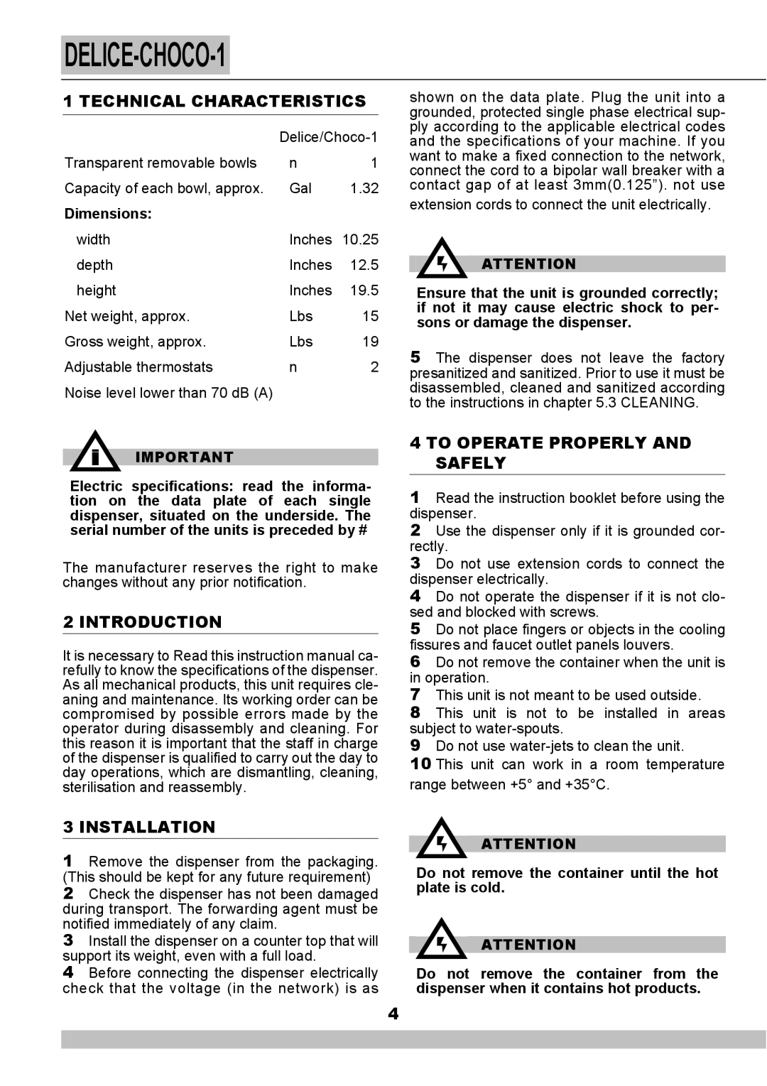 Cecilware NS18A manual Technical Characteristics, Introduction, To Operate Properly and Safely, Installation 