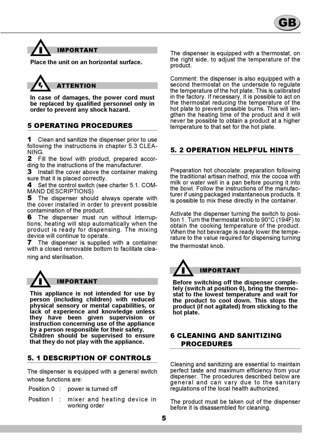 Cecilware NS18A Operating Procedures, Operation Helpful Hints, Description of Controls, Cleaning and Sanitizing Procedures 