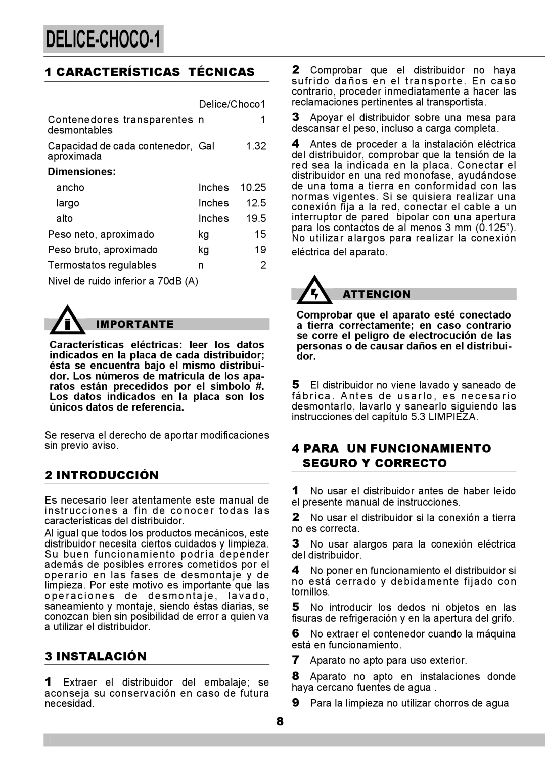 Cecilware NS18A Características Técnicas, Introducción, Instalación, Para UN Funcionamiento Seguro Y Correcto, Dimensiones 