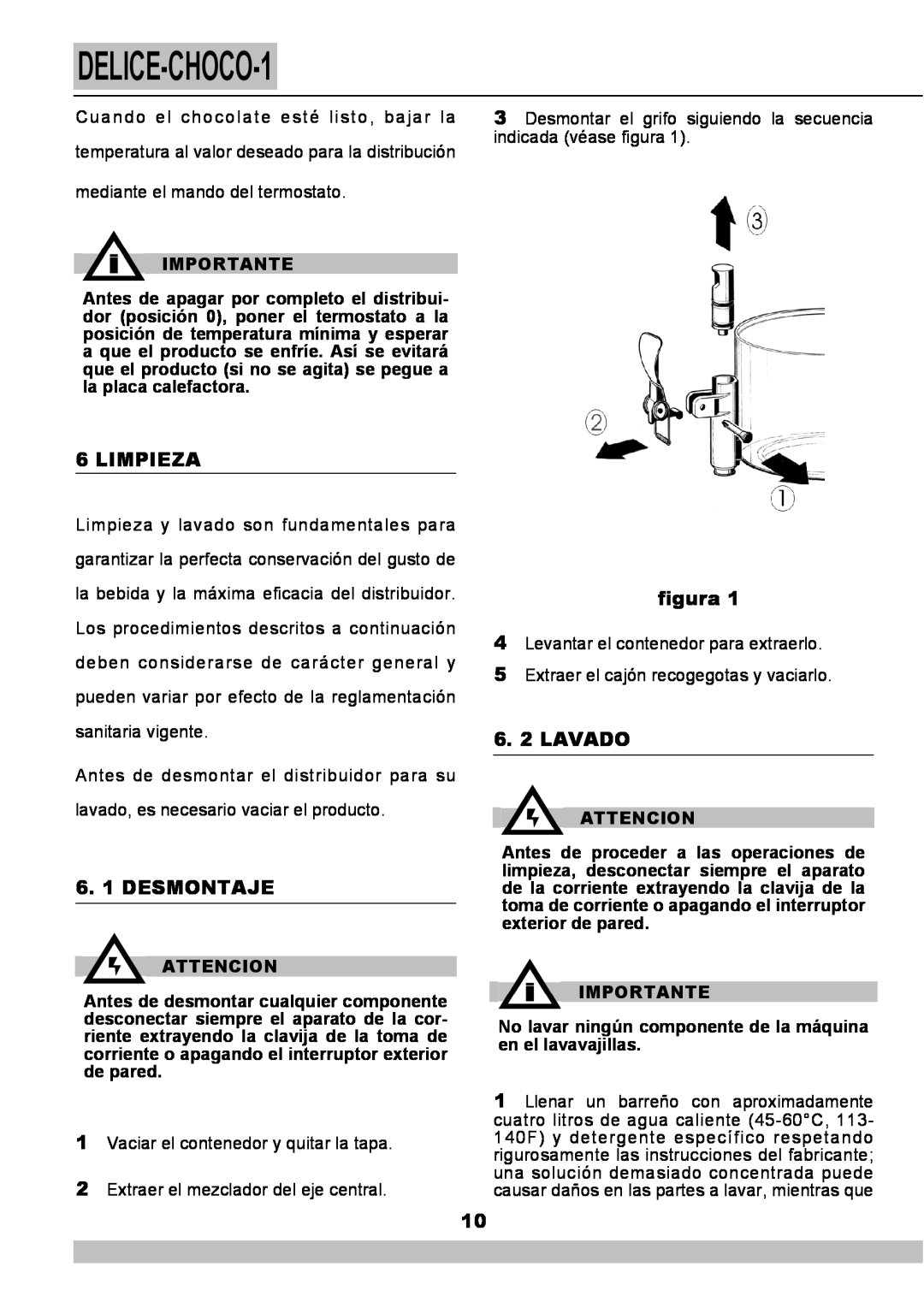 Cecilware NS18A manual Limpieza, 6. 1 DESMONTAJE, figura, 6. 2 LAVADO, DELICE-CHOCO-1, Importante, Attencion 
