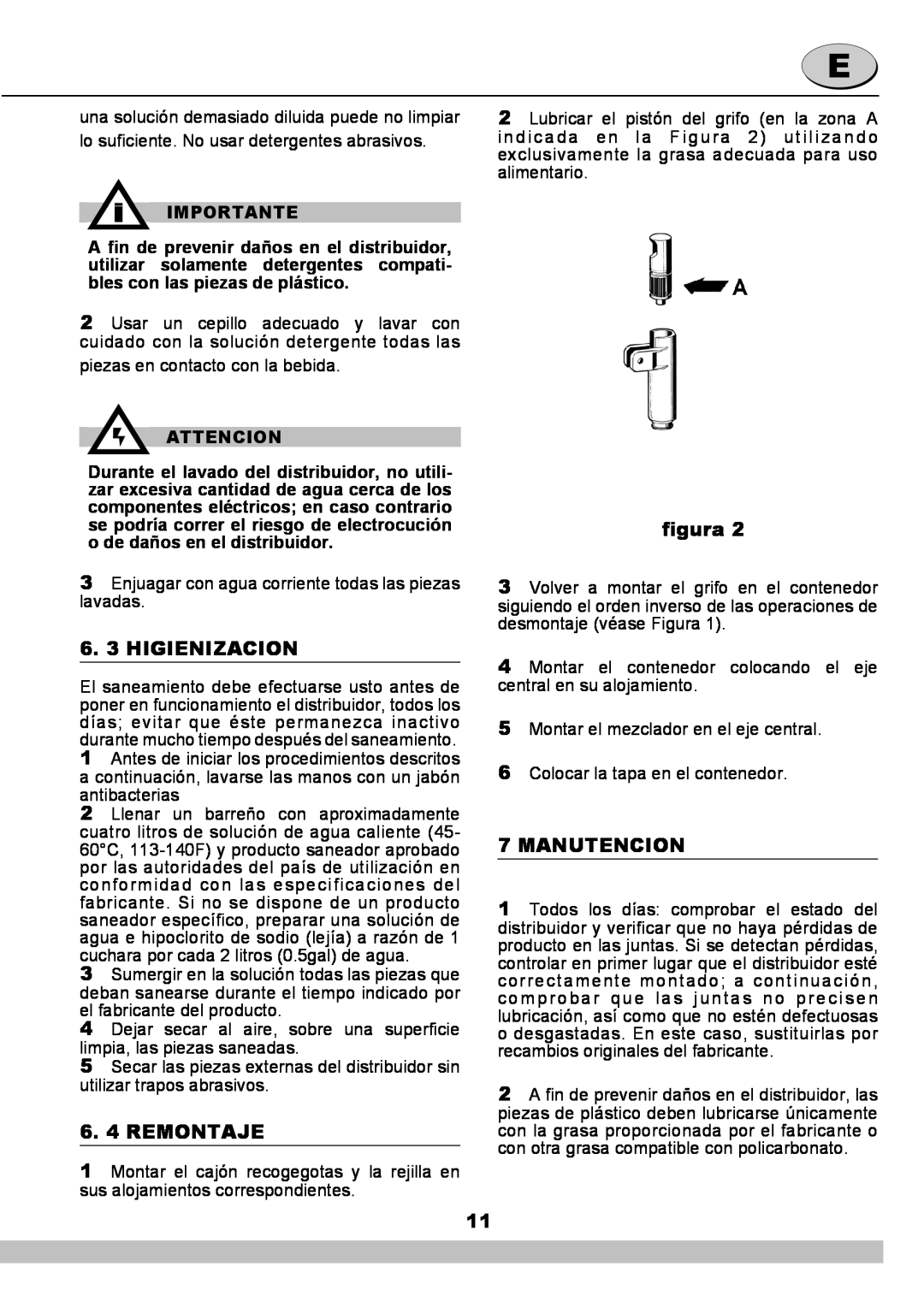 Cecilware NS18A manual 6. 3 HIGIENIZACION, 6. 4 REMONTAJE, 7MANUTENCION, figura, Importante, Attencion 