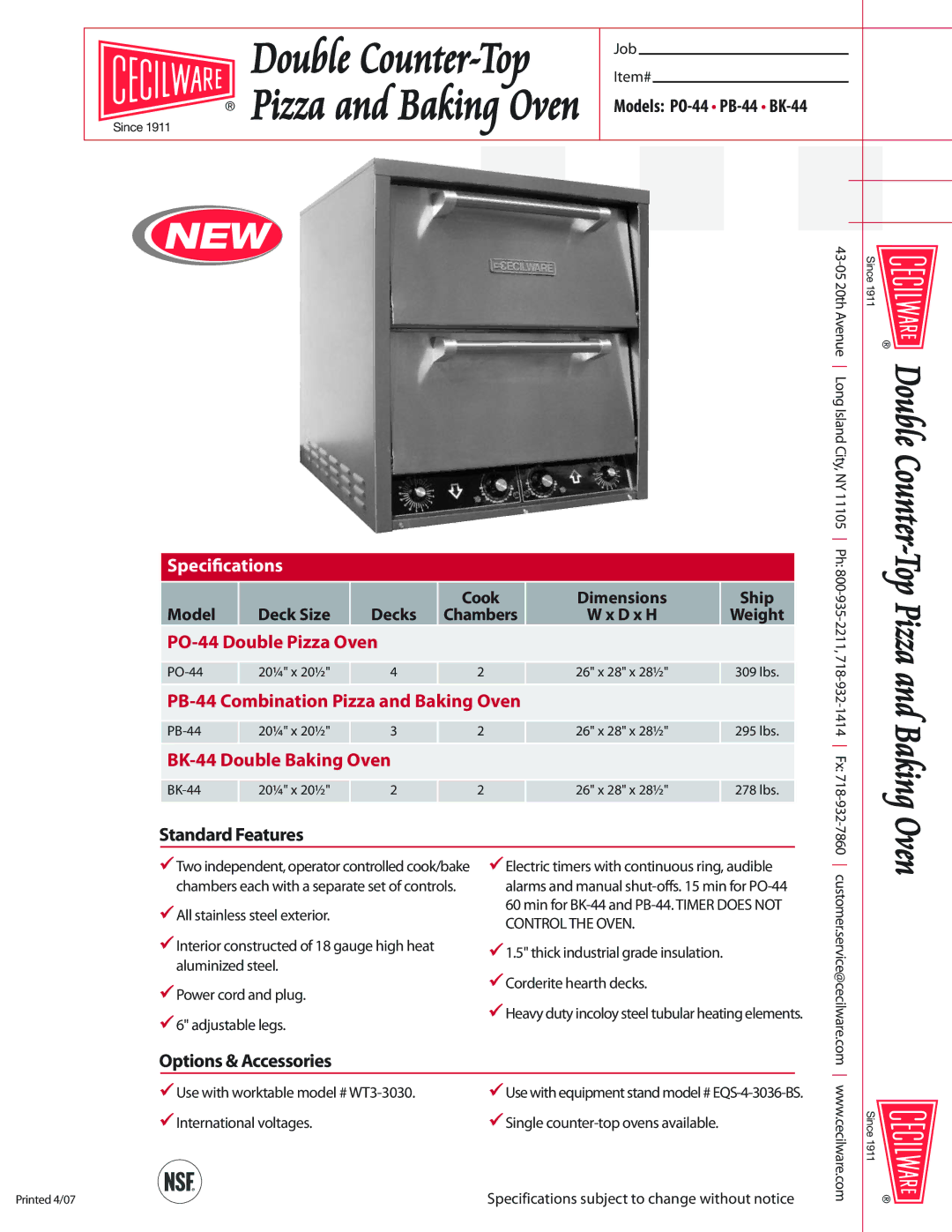 Cecilware PB-44, PO-44, BK-44 specifications Speciﬁcations, StandardFeatures, Options &Accessories 